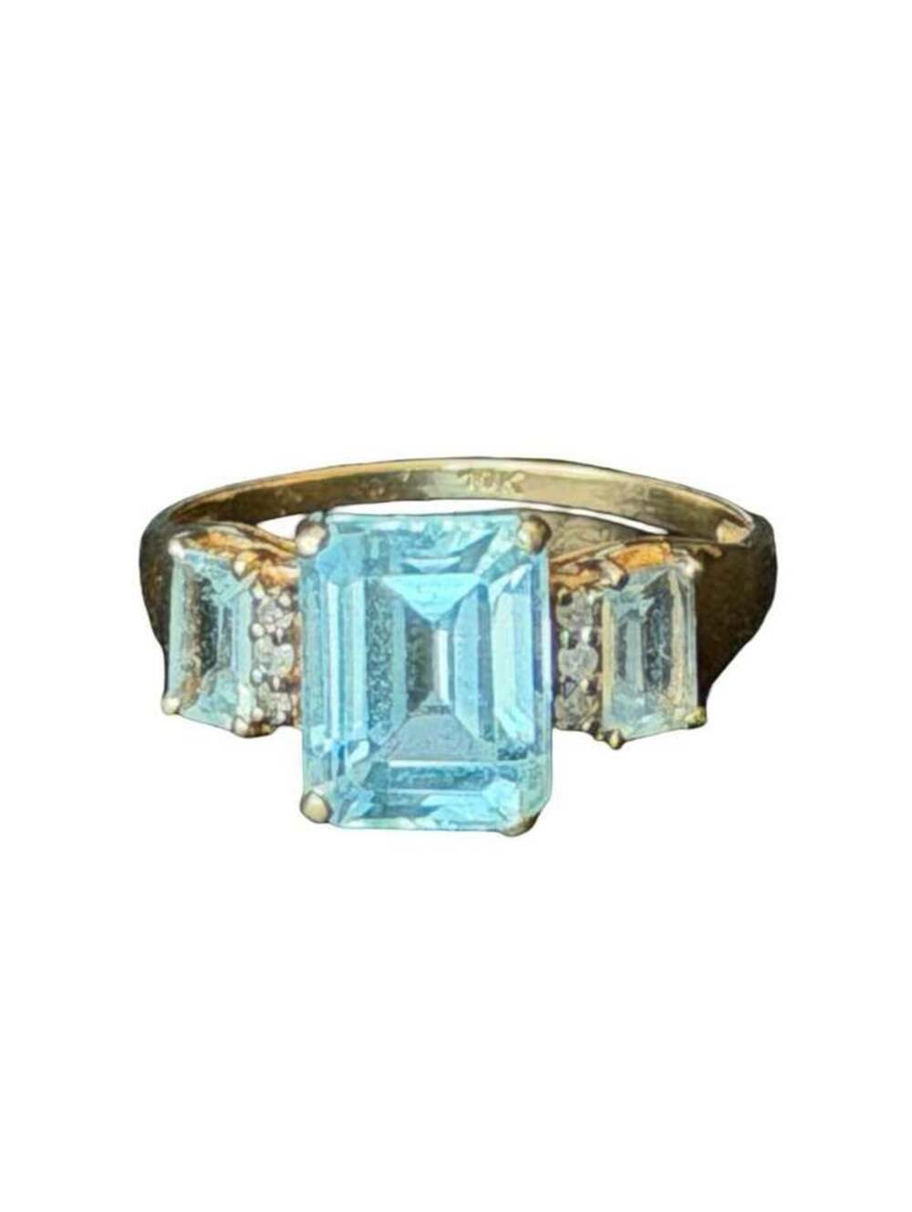 10K Gold Aquamarine & Diamond Accent Ring (Emerald Cut) Size 7